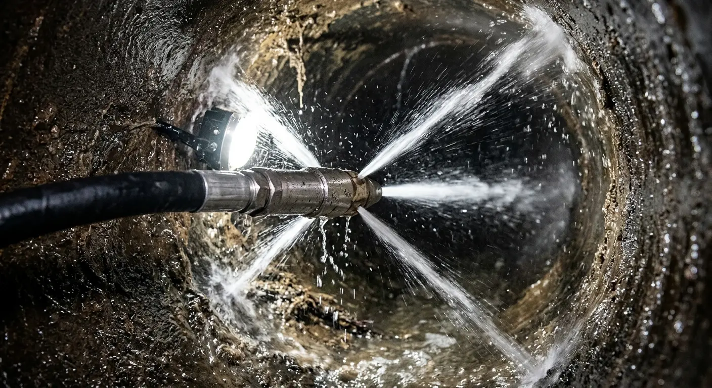 High-pressure hydro jetting nozzle cleaning sewer pipe for Trenchless Sewer Repair in Swampscott